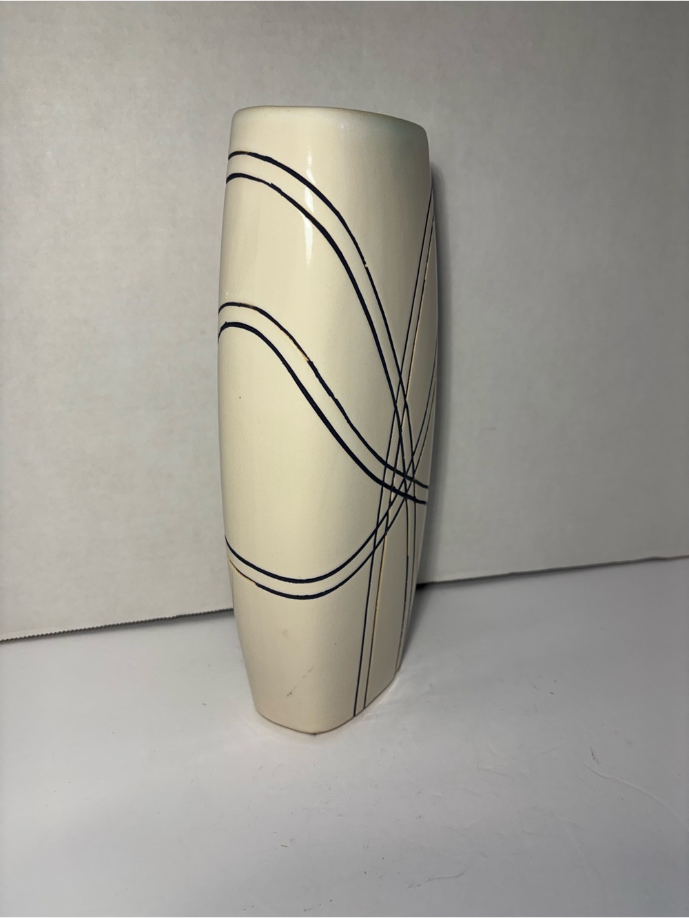 Norcal Creamy White Black Geometric Lines Ceramic 10” Vase Modern Home Accent - Picture 7 of 9